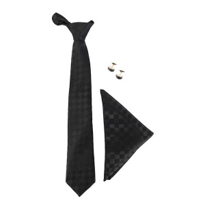 Men Black Neck Tie With Cufflinks And Pocket Square In Wooden Gift Box