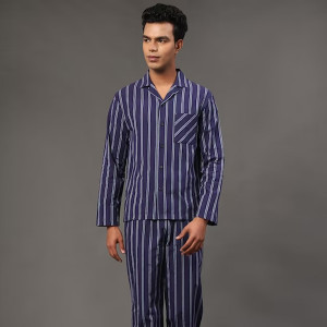 Striped Lapel Collar Pure Cotton Night Suit