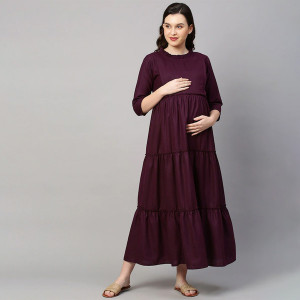 Women Purple Solid Maternity Nursing Empire Midi Sustainable Dress
