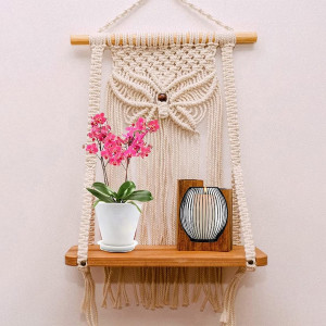 Off White Macrame Hanging Wall Shelf With Attached 3-Tier Floating Wooden Planks