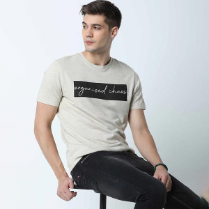 Men Beige & Black Typography Printed Sustainable T-shirt