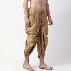 Men Golden & Maroon Solid Dupion Silk Dhoti Pants