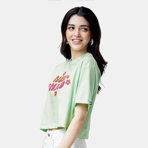 Women Green Typography Printed Applique Oversized T-shirt