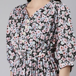Floral Printed Puff Sleeve Fit & Flare Midi Dress