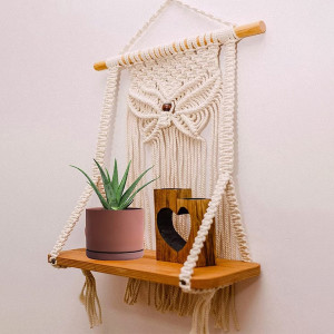 Off White Macrame Hanging Wall Shelf With Attached 3-Tier Floating Wooden Planks