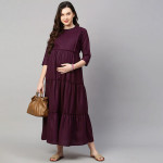 Women Purple Solid Maternity Nursing Empire Midi Sustainable Dress