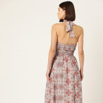 Floral Printed Crepe Tie Up Slit Smocked Maxi Dress